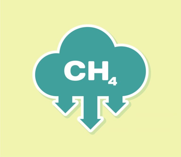 Methane emissions cloud with reduction arrows.